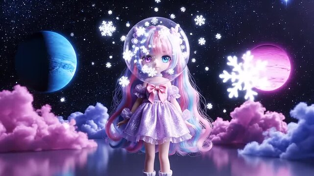 Doll-like girl in spacesuit helmet standing in pink fantasy universe