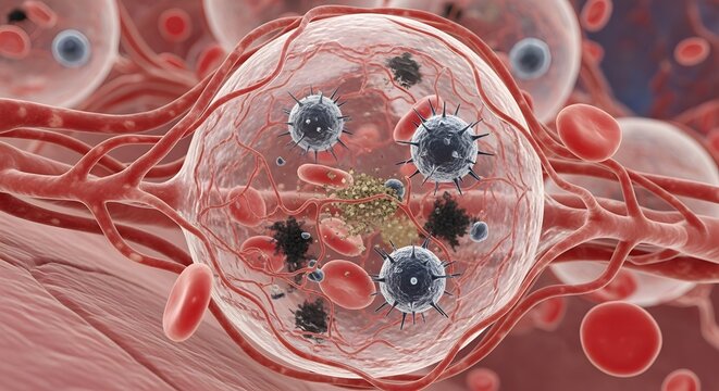 A detailed digital illustration showing viruses attacking a human cell, highlighting the microscopic interactions between pathogens and cells in the human body