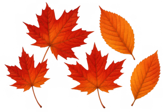 Autumn leaves falling, including red maple and orange elm foliage, displaying vibrant seasonal colors on a transparent background