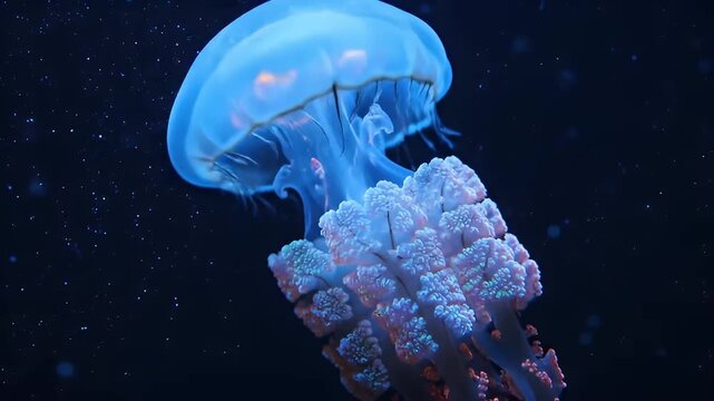 Single glowing jellyfish illuminated in vibrant green and yellow light