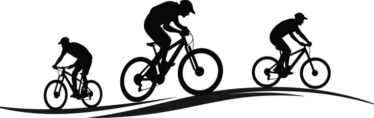 Mountain biking silhouettes, airborne cyclist, downhill trail, extreme sport motion, rugged terrain, outdoor adventure, dynamic jump, active lifestyle, biking action, nature ride, trail energy