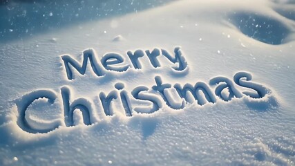 Close-up of Merry Christmas carved into soft snow under daylight, gentle snowflakes falling in slow motion with detailed texture of snow crystals - Powered by Adobe