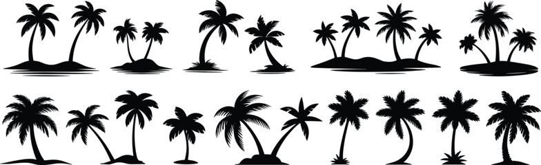 Palm tree silhouettes, tropical icons, black vector trees, exotic nature shapes, summer beach graphics, isolated palms, vacation symbols, editable clipart, paradise elements, design assets