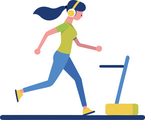 Woman running on treadmill wearing headphones for fitness advertisement