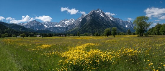 Obraz premium Panoramic Alpine Meadow with Yellow Flowers and Snow- Capped Mountains Under Blue Sky nature landscape