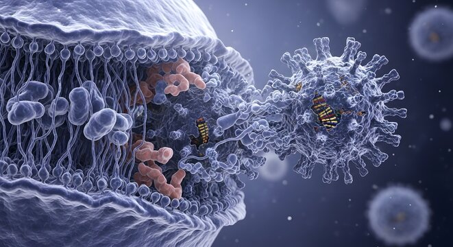 A detailed digital illustration showing a microscopic view of a virus particle interacting with a host cell, highlighting the complex structure and biological processes involved