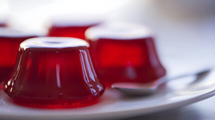 Vibrant red gelatin desserts arranged on a pristine white plate, alongside a sleek silver spoon, create a delightful visual harmony, inviting a moment of sweet indulgence.