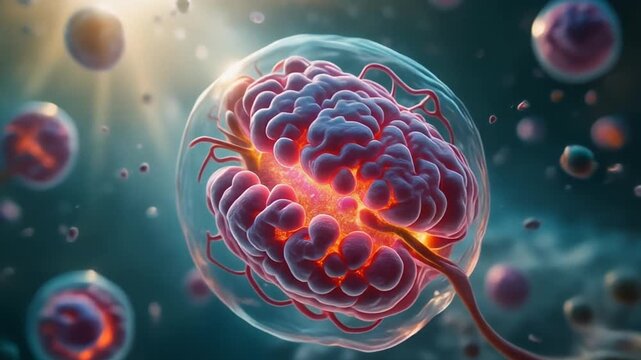 A conceptual look at the genesis of consciousness, a glowing brain-like cell nucleus floating in a primordial soup