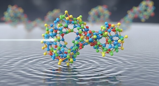 A detailed 3D rendering of a DNA double helix structure floating above a reflective surface, showcasing the intricate molecular design and colorful nucleotide components