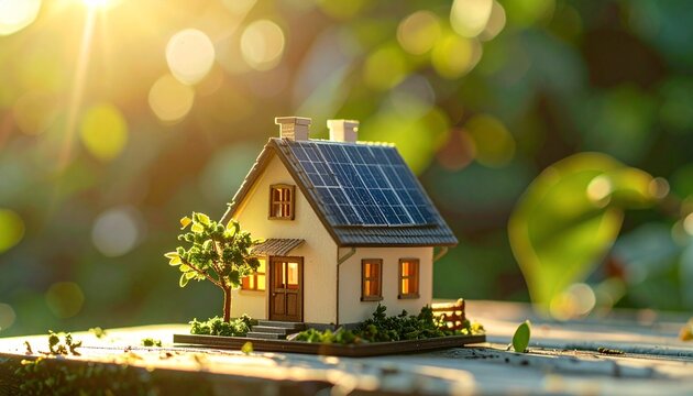 Miniature house model with rooftop solar panels placed on a sunlit surface, set against a blurred green natural background, symbolizing sustainable living and renewable energy.