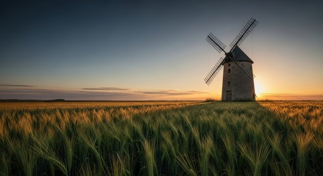 Historic windmill stands tall in a golden wheat field at sunset with dramatic sky