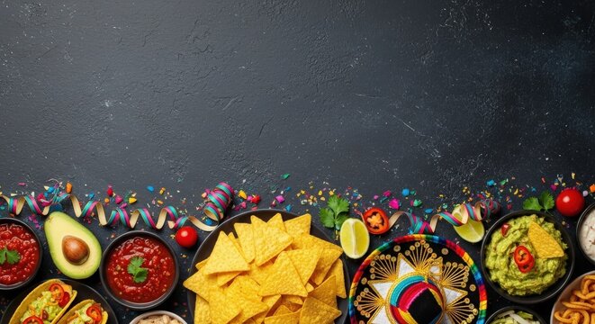 Vibrant mexican fiesta food spread with tacos guacamole salsa and nachos on a dark background