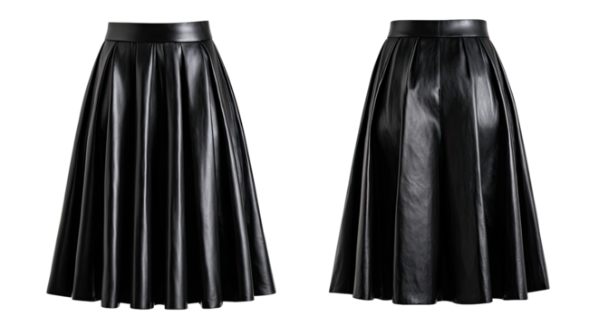 Black faux leather A-line skirt, front and back view