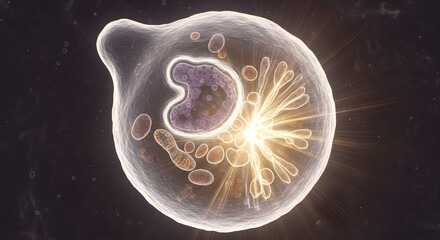A detailed illustration of a single-celled organism showing internal structures and cellular processes under a microscope