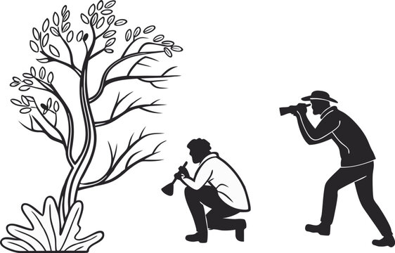 Outdoorsmen: Photographer capturing nature's beauty while musician adds a melodic touch to the peaceful scenery, embracing the tranquil landscape