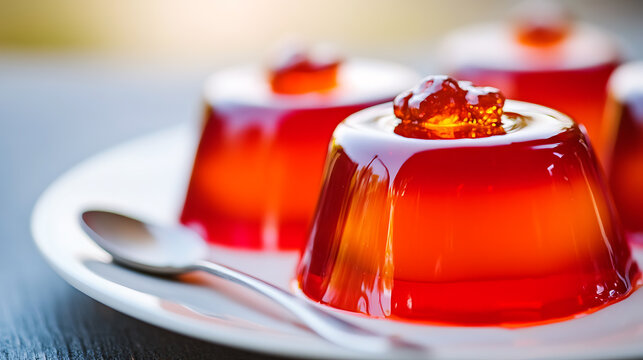 Three servings of a red gelatin dessert, topped with a dollop of gelatin, rest on a white plate beside a spoon, all set against a blurred background. A sweet and delightful treat.