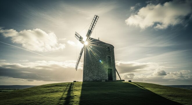 Iconic stone windmill silhouetted against a dramatic sunburst sky on a hilltop