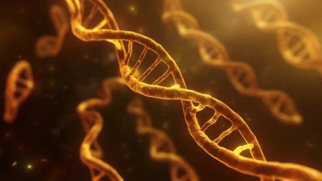 Intricate golden strands of a DNA double helix, a digital simulation orchestrating the complexities of genetic code and molecular division