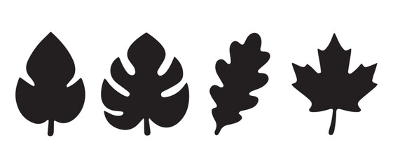 Vector Leaf Icons. Maple, Oak, Monstera, Broadleaf Silhouettes.