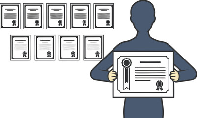 The man holds a certificate of achievement, symbolizing the race to retrain and constantly develop. In the background, there are many diplomas, a sign of an "eternal student."
