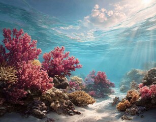 Obraz premium Vibrant Underwater Coral Reef with Sunlight and Clear Water