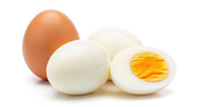 Whole and halved hard boiled eggs with one brown egg in a studio setting