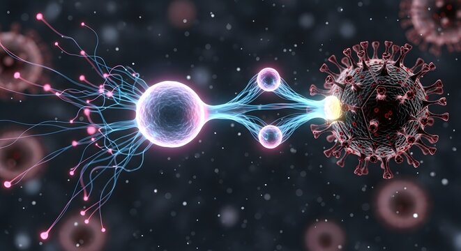 Digital illustration of a virus particle interacting with nerve cells in a microscopic environment, highlighting biological processes and cellular structures - Powered by Adobe