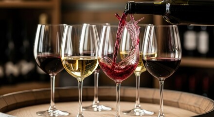 Pouring red wine into a glass during a wine tasting with multiple glasses of wine