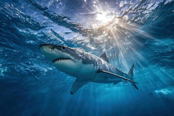 Fototapeta premium Majestic Shark Swimming in Clear Blue Ocean with Sunlight