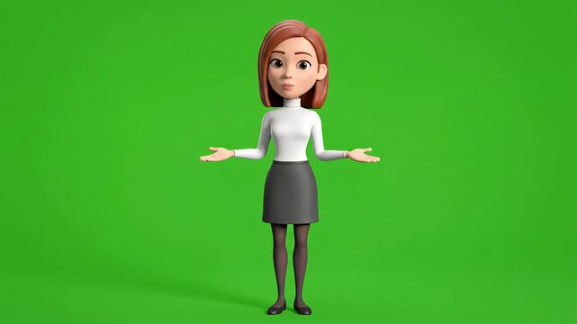 Animated 3D Businesswoman Character Gesturing and Talking on a Green Screen Background.