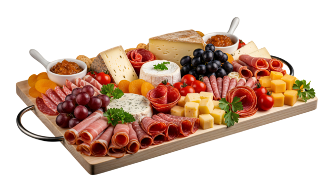 Gourmet Cheese and Meat Platter with Grapes, Delicious Charcuterie Board for Appetizers and Entertaining, Isolated on transparent background, png