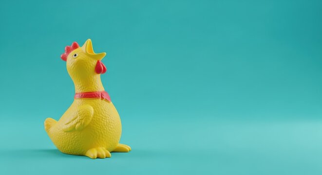 A bright yellow rubber chicken toy with a red collar sits against a solid teal background