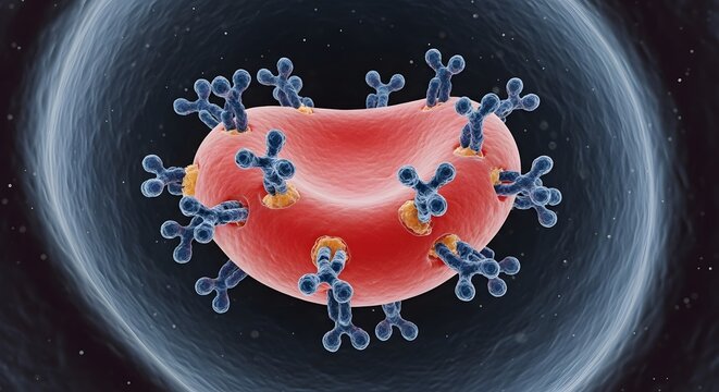 A detailed digital illustration of a virus particle attaching to a host cell membrane, highlighting the structure and interaction at a microscopic level