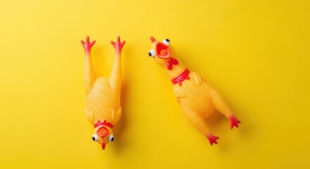 Two squeaky rubber chickens lying down on a bright yellow background