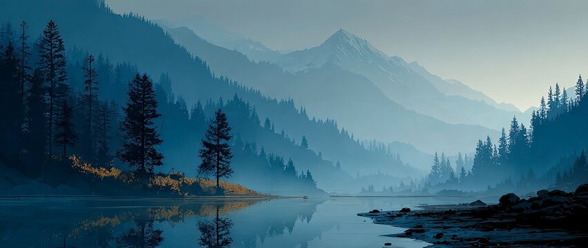 Serene Mountain Landscape with Misty River and Pine Trees at Dawn
