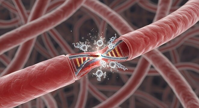 A highly detailed digital illustration showing a close-up of two nerve fibers with synaptic transmission occurring, including neurotransmitter molecules and electrical signals crossing the synapse - Powered by Adobe