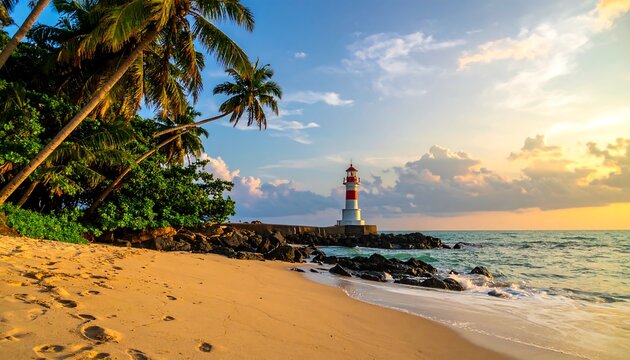 Tropical beach paradise with lighthouse and palm trees at sunset.