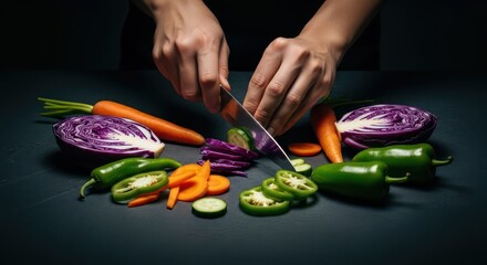 Close-up of hands chopping and slicing various colorful vegetables including carrots, red onions, and jalapeños on a dark surface with a shallow depth of field, conveying a culinary and