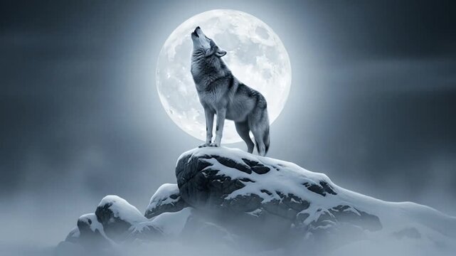 Mystical Wolf Howling at the Moon in a Snowy Landscape Animation Video Sequence