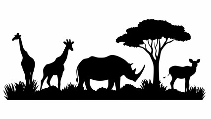 Silhouette of african wildlife featuring giraffes rhino deer and tree in a scenic landscape view image