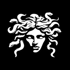 Stylized medusa head illustration with snakes on black background