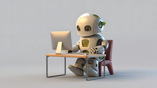 A 3D human skeleton with a skull and a book is sitting at a computer for an abstract technology concept illustration