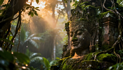 ancient buddha statue in misty jungle temple