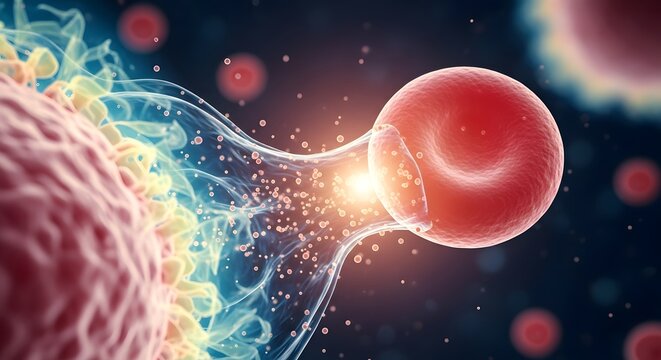 A highly detailed digital illustration depicting the process of fertilization, showing a sperm cell approaching an egg in a microscopic environment
