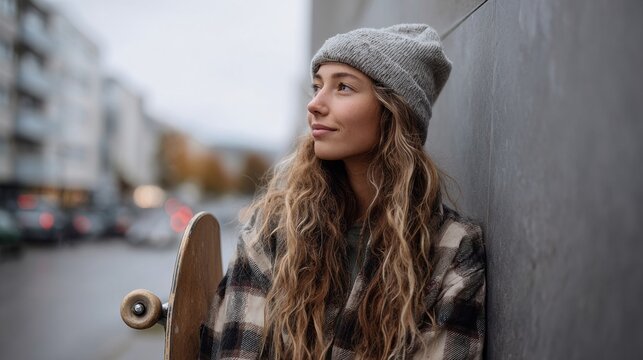 A tall girl leans against a gray wall, holding her skateboard. She wears a cozy beanie and flannel jacket, lost in contemplation as raindrops fall and city life buzzes around her