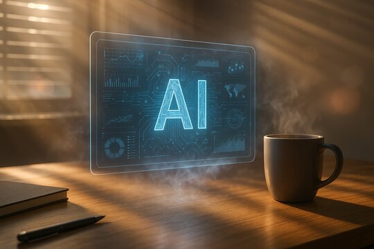 Modern workspace displaying AI interface with coffee in warm light, technology concept