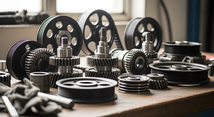 Title: Metal Pulleys and Gears on Wooden Table