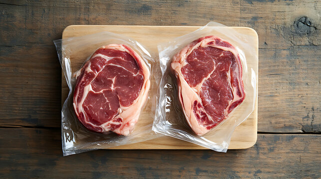 Two cuts of fresh meat are vacuum-sealed and set on a wooden cutting board. Ready to be cooked for a delicious meal.  A perfect dinner for you and your loved ones! - Powered by Adobe