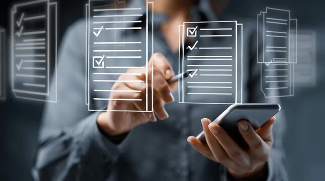 Regulatory and compliance concepts, corporate governance documents, and the use of smartphones and digital files by businesswomen, with a checkbox list displayed on a virtual screen