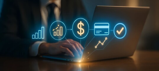 Modern businessperson using laptop to track financial growth and success online now